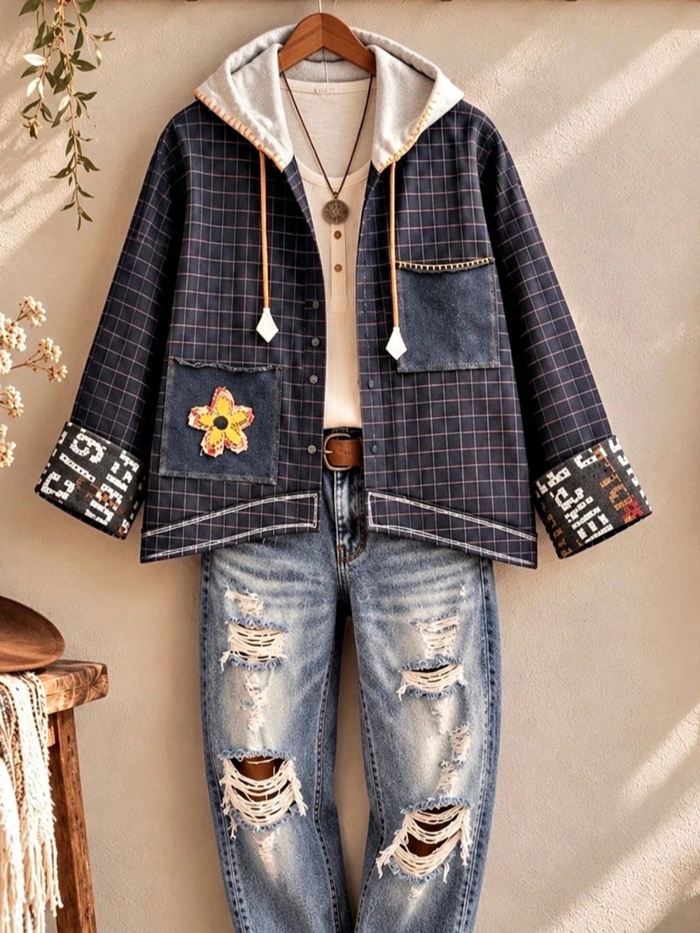 OOAK Reworked Plaid Hooded Shacket Cotton Patchwork Floral Boho Jacket Fits M/L